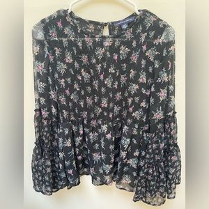 American Eagle black floral boho top bell sleeves; S